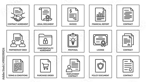 Comprehensive Vector Set of Business Documents and Contracts Line Icons in Minimalist Style. Includes Legal Agreement, Invoice, Financial Report, Partnership Deed, Proposal, License, and Terms.