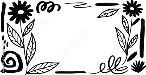 black and white floral border design with leaves and flowers