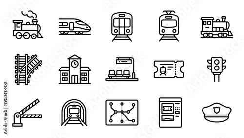 Vector Set of Train and Railway Station Line Icons Featuring Steam Engine, High-Speed Train, Subway, Metro, Locomotive, Railroad Tracks, Ticket, Station Building, and Transportation Symbols
