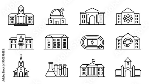University Campus Building Line Icons Set. Minimalist Vector Symbols for Education, Academic Facilities, Library, Observatory, Stadium, Science Lab, Art School, Dormitory, and Student Life.