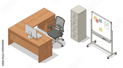 Isometric vector illustration of a modern office workspace featuring a wooden L-shaped desk with computer, ergonomic mesh chair, grey filing cabinet, and a rolling whiteboard with notes.