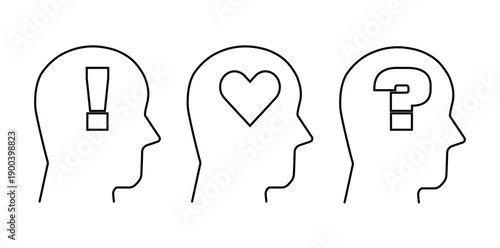 アイデアや考えのコンセプトのアイコンセット。疑問・解決・気に入る。白黒ベクターイラストレーション