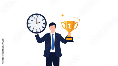 Businessman in a suit holding a large clock in one hand and a golden number one trophy in the other, symbolizing effective time management leading to outstanding business success and achievement.