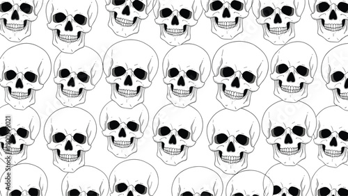 Seamless repeating pattern of multiple human skulls in a monochromatic black and white design, creating a unique and edgy background or textile print.
