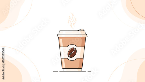 Minimalist illustration of a steaming disposable coffee cup with a coffee bean logo, conveying the warmth and convenience of a hot beverage on the go.