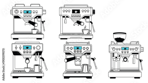 Collection of outline illustrations showcasing various types of modern espresso machines with cups and steam, ideal for cafe menus, coffee shop branding, or kitchen appliance designs.
