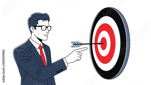 Confident businessman in glasses and a suit pointing at a target with an arrow hitting the bullseye, symbolizing accurate aim, business goals, precision, and successful strategy.
