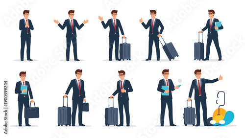 Diverse collection of businessman illustrations posing with luggage, briefcase, and documents in various travel scenarios, representing business trips, corporate travel, and professional mobility.