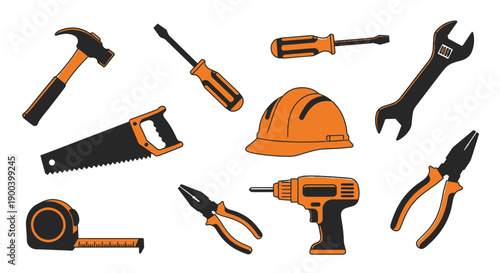 Construction and DIY Tools Vector Set. Safety Hard Hat, Hammer, Drill, Saw, Wrench, and Repair Equipment Icon Collection in Orange and Black Outline Style.