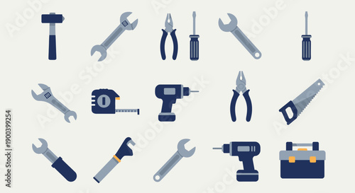 Professional Home Improvement and Construction Tools Icon Set. Hammer, Wrench, Drill, Screwdriver, and Toolbox in Flat Vector Style.