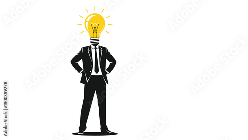 Striking silhouette of a businessman with a glowing lightbulb for a head, symbolizing brilliant ideas, innovation, intelligence, creativity, and the power of thought in business.