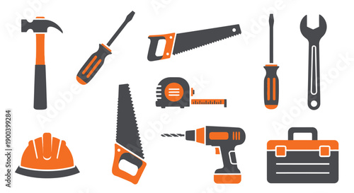 Construction and DIY Tools Icon Set. Professional repair and maintenance equipment vector symbols: hammer, drill, saw, toolbox, hard hat, and screwdriver.