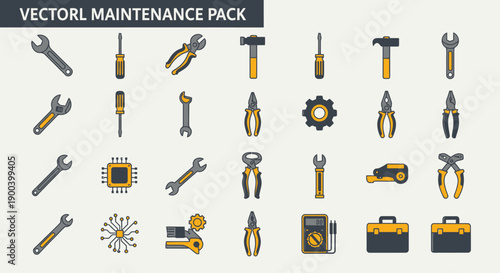 Vector Maintenance Tools Icon Set: Wrench, Screwdriver, Pliers, Hammer, Multimeter, Toolbox, and Electronic Repair Equipment.