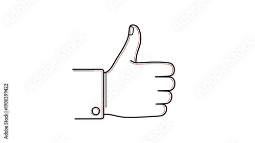 Minimalist black outline drawing of a classic thumbs-up gesture with a subtle reddish shadow, symbolizing approval, agreement, success, satisfaction, and positive feedback.