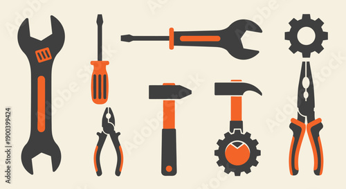 Professional Hand Tools Vector Set: Adjustable Wrench, Hammer, Screwdriver, Pliers, and Gear Icons. Repair, Maintenance, and Construction Equipment.