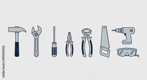Minimalist Line Art Vector of Essential Hand and Power Tools Set: Hammer, Wrench, Screwdriver, Saw, and Drill for Construction and DIY Repair