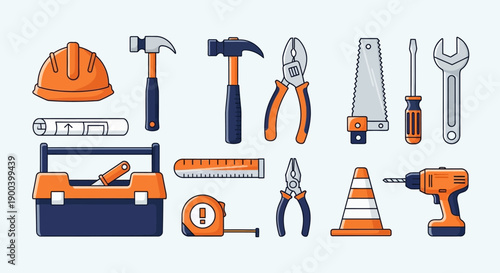 Essential Construction and DIY Tools Vector Icons Set. Collection of Repair and Maintenance Equipment: Hammer, Drill, Pliers, Hard Hat, Toolbox.