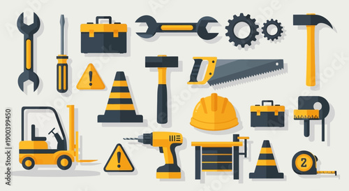 Construction and Workshop Tools Flat Icon Set. Industrial Repair Equipment, Maintenance Symbols, Hard Hat, Wrench, Drill, Saw, and Forklift Icons.