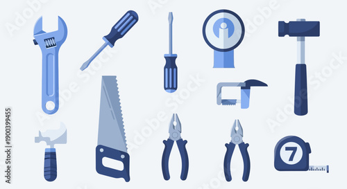 Essential Hand Tools Flat Vector Set: Wrench, Hammer, Saw, Screwdriver, and Pliers for DIY, Home Repair, and Construction Maintenance Isolated on White.