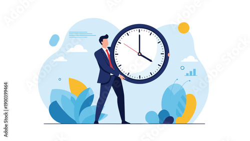Determined businessman in a suit carrying a very large clock, symbolizing the heavy burden of time management, meeting deadlines, and the importance of punctuality in business.