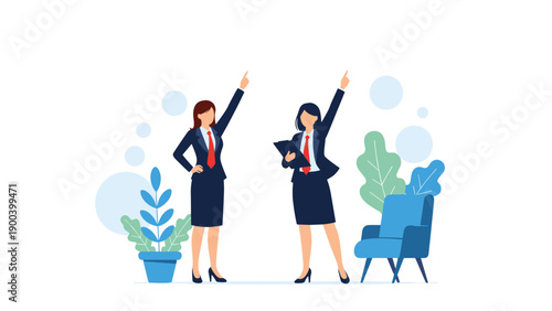 Two confident businesswomen in formal attire pointing upwards, symbolizing shared vision, teamwork, aspirational goals, and looking towards future opportunities and success.