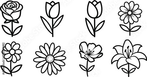 black and white line drawing of various flowers  set of eight