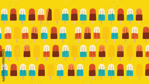 Seamless repeating pattern of vibrant, colorful popsicles in various flavors, arranged neatly on a cheerful yellow background, creating a fun and summery design.