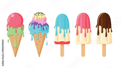 Delicious collection of colorful ice cream treats including two waffle cones and three popsicles, perfect for summer menus, dessert promotions, or sweet indulgence themes.