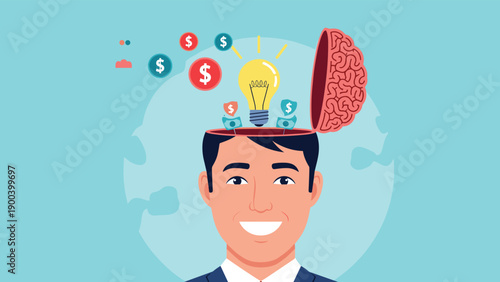 Smiling businessman with an open head revealing a brain, glowing lightbulb, and floating dollar signs, symbolizing the intelligent generation of ideas for financial success and wealth creation.