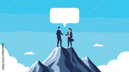 Businessman and businesswoman shaking hands on a mountain peak with a large blank speech bubble overhead, symbolizing a successful partnership, high-level agreement, or leadership collaboration.