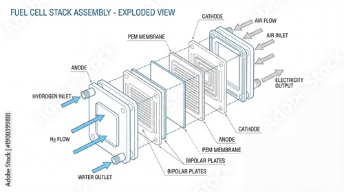 Detailed exploded view illustration of a fuel cell stack assembly with hydrogen, air, and water flow diagrams, isolated on a white background for technical presentations.