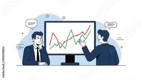 One businessman looks sad while another confidently explains a fluctuating graph on a computer monitor, illustrating market analysis, business performance.