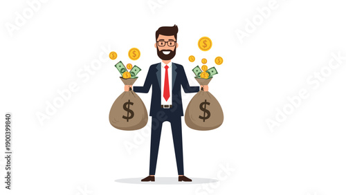 Cheerful bearded businessman happily holding two large money bags filled with dollar bills and coins, symbolizing wealth, financial success, profit, and abundant income.