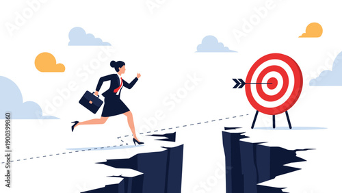 Determined businesswoman running confidently across a chasm towards a target with an arrow in the bullseye, symbolizing overcoming challenges, ambitious goal pursuit, and risk-taking for success.