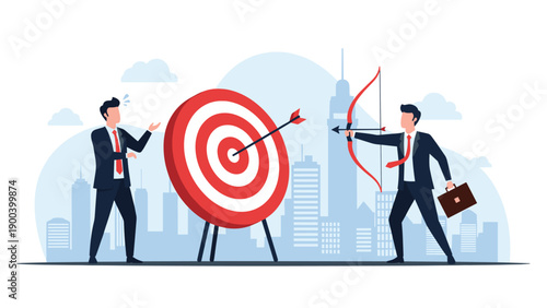 One businessman accurately shooting an arrow into a target while another watches surprised, symbolizing successful strategy, competitive advantage, and achieving goals in a business rivalry.