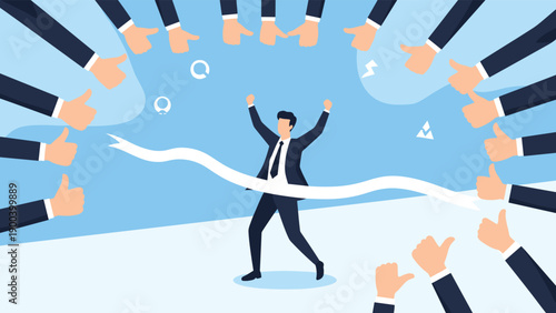 Victorious businessman crossing a finish line with arms raised in triumph, surrounded by numerous thumbs-up gestures, symbolizing ultimate success, recognition.
