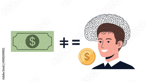 Visual representation showing money not equaling a man's head with a brain and coin, emphasizing that financial wealth alone does not define intelligence or inherent value.