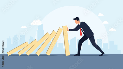 Determined businessman in a suit firmly prevents a chain of falling dominoes, illustrating crisis management, problem-solving, and risk prevention.