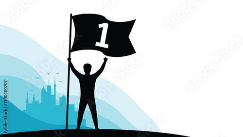 Silhouette of a triumphant man holds a flag with the number '1', symbolizing victory, leadership, and being the best, set against a city skyline.