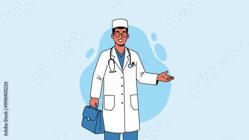 Smiling male doctor in a white lab coat, holding a briefcase and gesturing, representing medical expertise, consultation, and professional healthcare services.