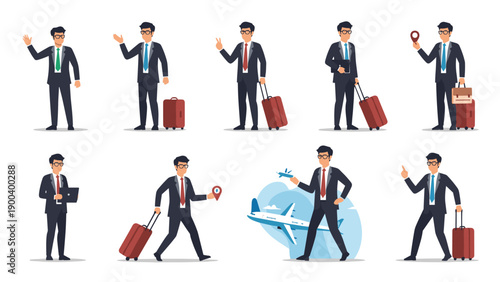 Set of nine diverse businessman illustrations showcasing various travel scenarios, including carrying luggage, waving, and gesturing, perfect for travel concepts.