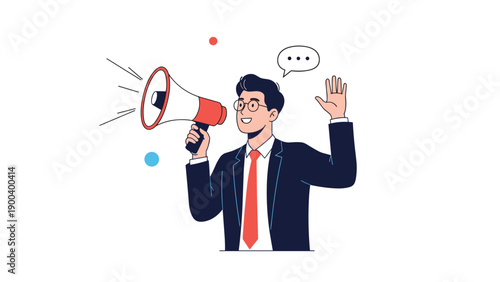 Smiling businessman with glasses holds a megaphone and waves, ready to make an announcement or communicate important news with a speech bubble.