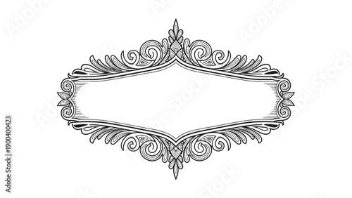 Elaborate vintage-style ornamental frame with intricate scrollwork and floral motifs, rendered in black and white, ideal for elegant design elements.