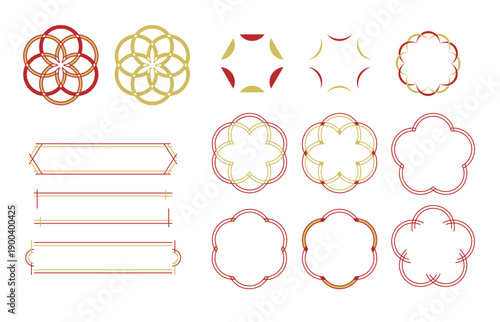 赤と金の和風ライン装飾・フレームセット。梅の花や幾何学的な和柄をモダンな線画で表現した、シンプルで高級感のあるデザイン素材。お正月、年賀状、結婚式、和菓子のパッケージ、お祝い事のタイトル枠やラベルに最適な、洗練された日本伝統色のベクターイラストレーション。