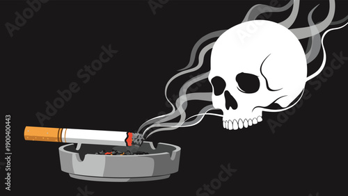 Lit cigarette in an ashtray with smoke rising to form a menacing skull, symbolizing the severe health dangers and fatal consequences of smoking.