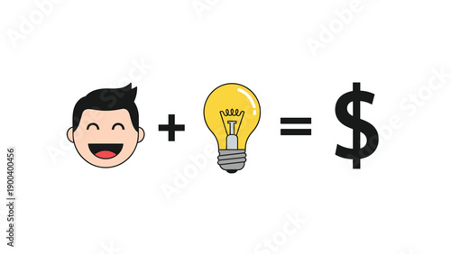 Equation showing a happy face plus a glowing lightbulb equals a dollar sign, representing the formula for converting happiness and ideas into money.
