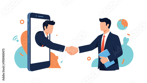 Digital handshake between two businessmen, one emerging from a smartphone screen, symbolizing online business partnership, remote collaboration, or virtual deal-making.