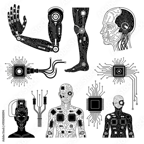 Futuristic tech body parts show artificial intelligence, robotics and circuitry connections, perfect for science, technology and engineering projects