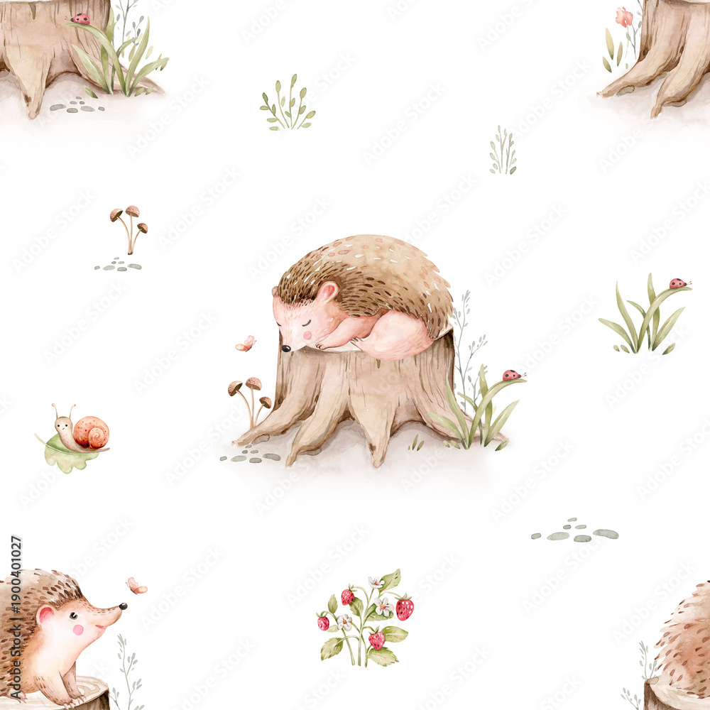 Fototapeta premium Watercolor seamless pattern of cute sleeping baby hedgehog animal. Woodland nursery illustration for children wallpaper, textile and fabric pattern. image
