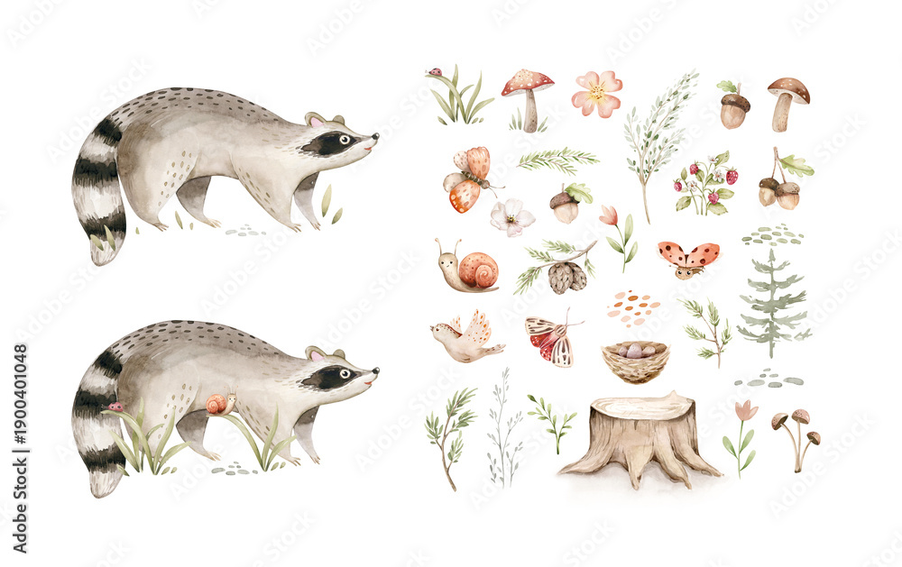Fototapeta premium Watercolor cute baby raccoon animal. Woodland nursery isolated whimsical illustration soft pastel for children. watercolour stump and acorn forest drawing with floral elements.